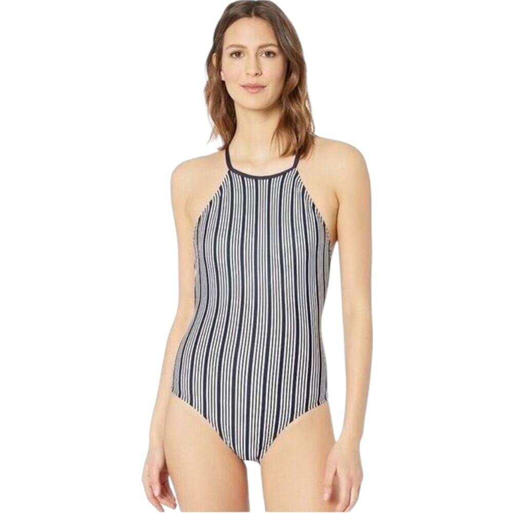 <<Nautica High-Neck Striped Lace- up One-Piece Navy/White Swimsuit – Med